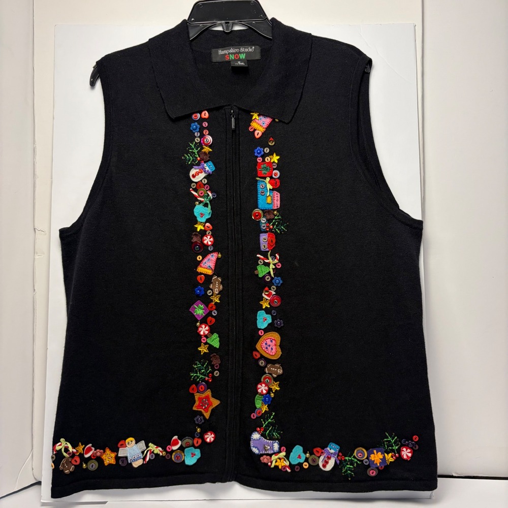 Hampshire Studio Snow Christmas Sweater Vest Womens 1X Black Zip Front Embroider - Picture 1 of 4